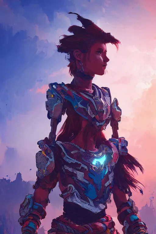 Image similar to combination suit armor aloy horizon forbidden west horizon zero dawn radiating a glowing aura global illumination ray tracing hdr fanart arstation by ian pesty and alena aenami artworks in 4 k tribal robot ninja mask helmet backpack