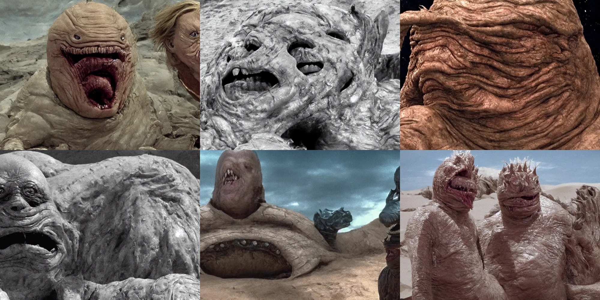 Prompt: cinematic movie still : ( subject =!!!!!! donald trump face!!!!!!,!! dune sandworm with open jaw!! + subject detail = sweating, creature from john carpenter the thing, oozing bile )