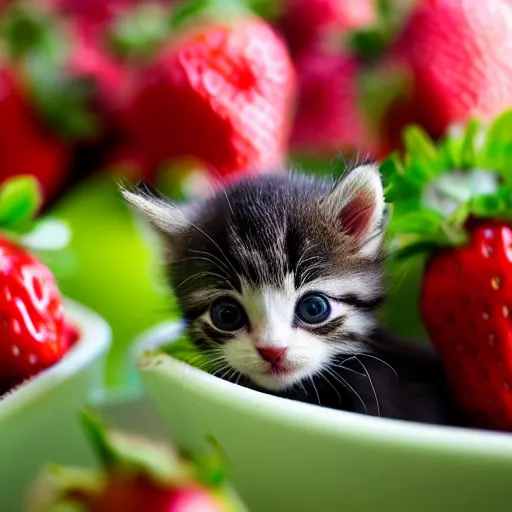 Image similar to macro shot photograph of an extremely tiny baby kitten on top of a giant strawberry