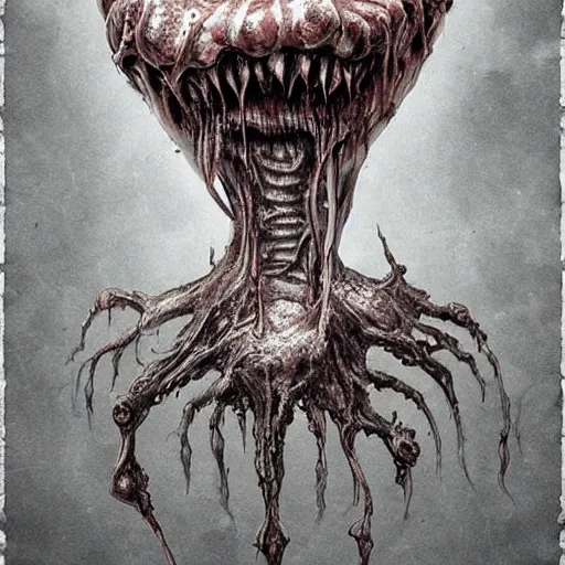 Prompt: a creepy monster blob with five eyes, lots of veins, scary mouth with strings of saliva, skin texture like a brain, slimy, translucent, standing in shallow water, horror art, intricate, extremely detailed, ultra realistic, trending on artstation, in a cave