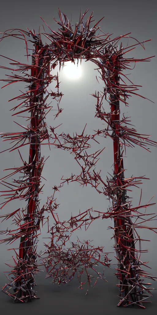 Image similar to 3 d photographic render of a deconstructed torii gate mundelbulb sculpture, chrometype, made of liquid metal, katamari neotribal with thorns and thunders, cyberpunk japanese temple, raytraced, hyper realistic, volumetric lightning, 8 k, by zhelong xu, ouchh and and innate studio