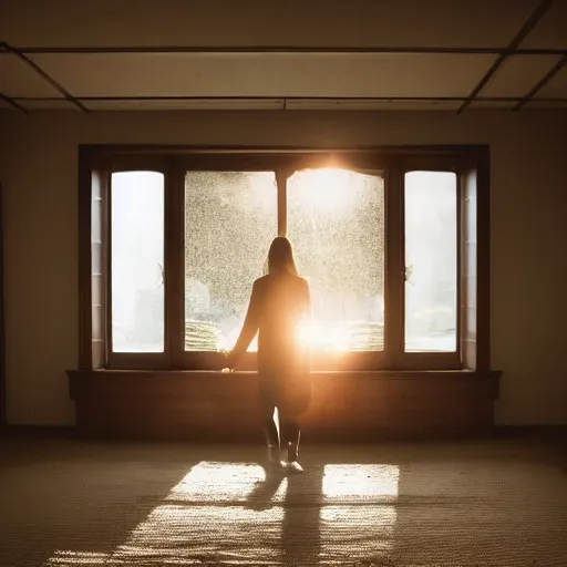 Prompt: person in pyjamas standing near window, turned back to camera, cinematography, sun rays, daylight, big french door window, big spatious room, carpet at the floor, wide shot 2 4 mm, anamorphic shot lens, walls at left and right sides, window at the center, wooden floor, modern, winter sun, photorealistic, high ceiling
