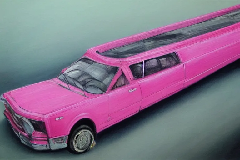 Image similar to a highly detailed pink stretch limo overflowing with cash, detailed painting by arturo faldi, trending on deviantart, octane, masterpiece