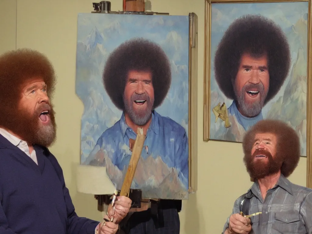 Image similar to bob ross is sad and yelling at a painting by bob ross