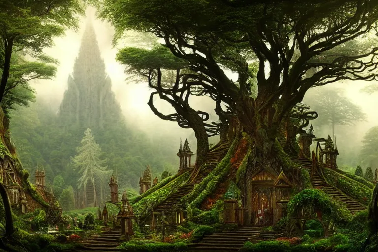 Image similar to a beautiful and highly detailed matte painting of a sacred elven tree temple in a valley in a lush forest in the misty mountains, psychedelic, celtic, intricate details, epic scale, insanely complex, 8 k, sharp focus, photorealism, artstation, cgsociety, by caspar friedrich, albert bierstadt, james gurney, brian froud,