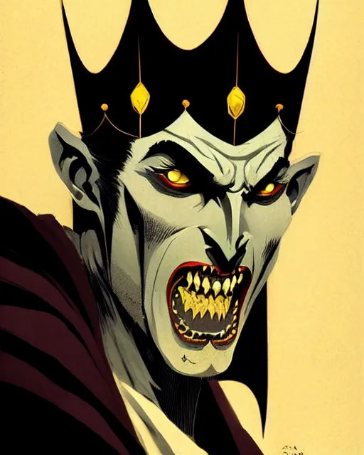 Image similar to handsome vampire king with crown and fangs, symmetrical face, evil, cinematic, dramatic, powerful, super detailed and intricate, by koson ohara, by darwyn cooke, by greg rutkowski, by satoshi kon