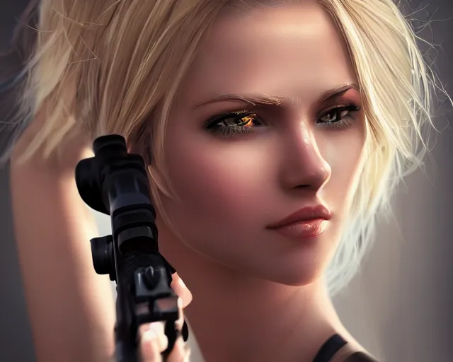 Image similar to closeup of beautiful blonde female sniper aiming at target, award winning sniper photography, extremely detailed, artstation, 8 k, sensual lighting, incredible art, wlop, artgerm, backlit, rim lighting, hi - fructose