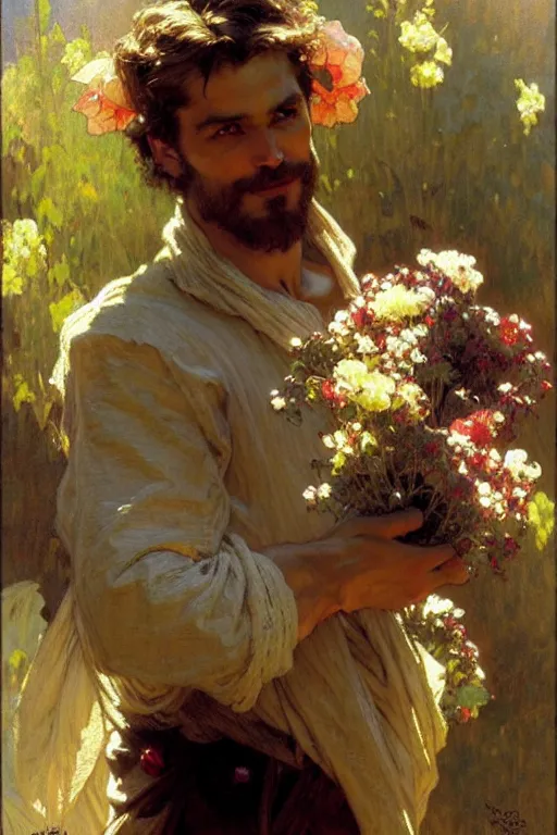 Image similar to attractive man holding flowers, painting by gaston bussiere, craig mullins, greg rutkowski, alphonse mucha