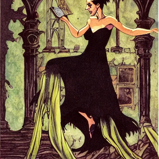 Prompt: youthful modest sad jennifer connelly as odile, gothic dark fae disney villain with black feathers instead of hair, sad, moulting, feathers growing out of skin, reading in library, pulp sci fi, mike mignola, david mack, romantic, comic book cover, vivid, beautiful, illustration, highly detailed, oil painting