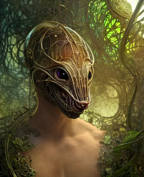 Image similar to intricate ornate opulent transparent clear see - through portrait of a terrifying beautiful male alien rat, mottled coloring, adorable, childlike, overgrown jungle environment, ultra realistic, concept art, art nouveau, photorealistic, octane render, 8 k, unreal engine. art by christopher marley and artgerm and greg rutkowski and alphonse mucha