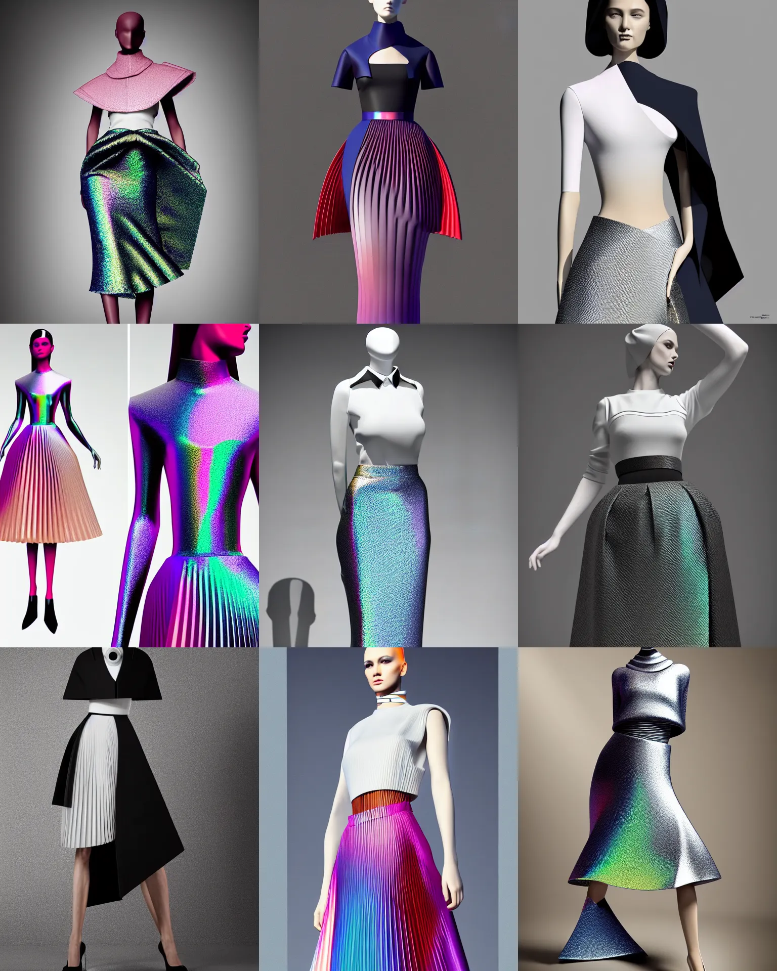 Prompt: designer modern figure haute couture collection light textiles, body fitted dart manipulation, loose accordion form collar sailor uniform, midi skirt, stylized dynamic fold manipulation pleats shaping synthetic curves, secondary gradient scheme, holographic tones, striking pose, cute huge pockets, intriguing volume flutter, youthful, modeled by modern designer bust, expert composition, professional retouch, editorial photography