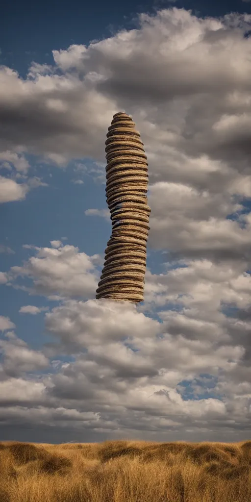 Prompt: twisted Giant tower , organic structure , dramatic cloudy Sky ,by oxo architectes , dunes , 24 mm shot , 8k