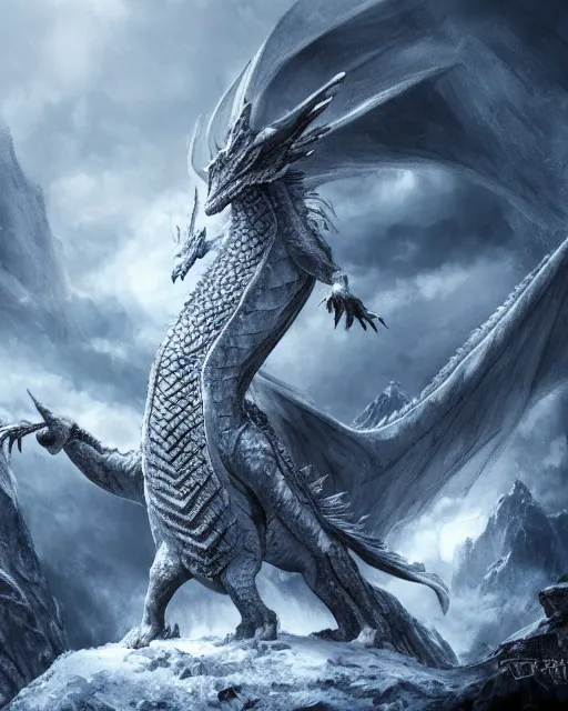 Image similar to giant ice dragon standing on a mountain, highly detailed, 4 k, hdr, award - winning, directed by zack snyder, trending on art station, matte