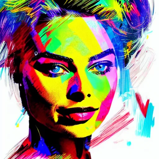 Prompt: colorful sketch, ultra detailed, fashion, magic, beautiful woman, margot robbie play, surreal, in style of jean - michel basquiat, trending on artstation