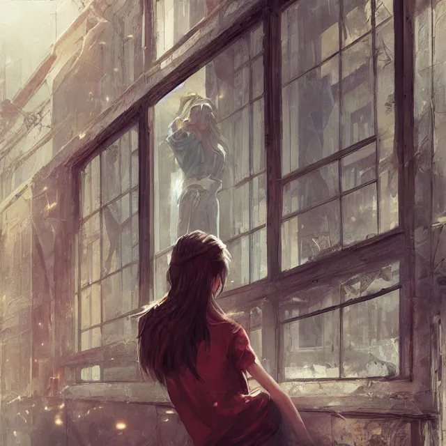 Image similar to window, eye, women, buildings, surprise, scared, couch by wlop, artgerm, greg rutkowski