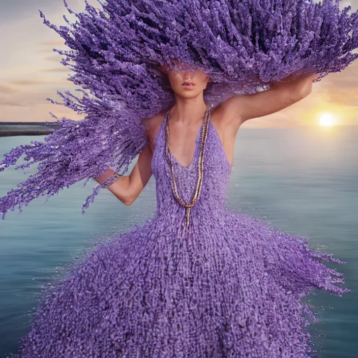 Prompt: a woman with a dress made of lavender chains standing next to water, golden hour, vogue magazine