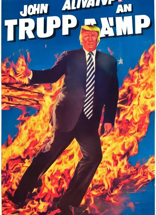 Image similar to an 8 0's john alvin action movie poster of donald trump starring in trumpster fire. dumpster explosions.