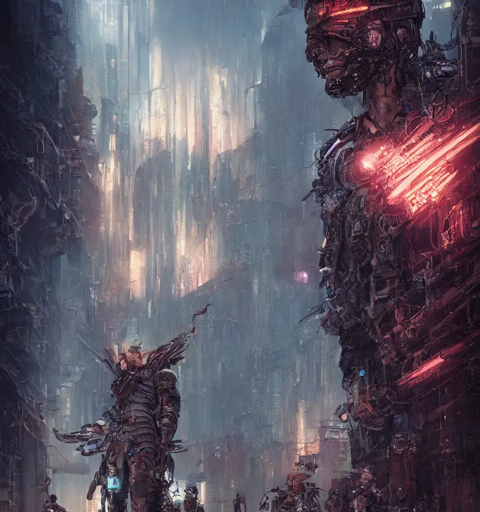 Image similar to cyberpunk gladiator, cinematic, highly detailed, octane render, cg, rich cinematic atmosphere, perfect digital art, mystical journey in strange world, Mystical, cyberpunk, tech war, sci-fi, surreal, glowing lights, sharp focus, high detailed, by Akihiko Yoshida, michael whelan and Karol Bak