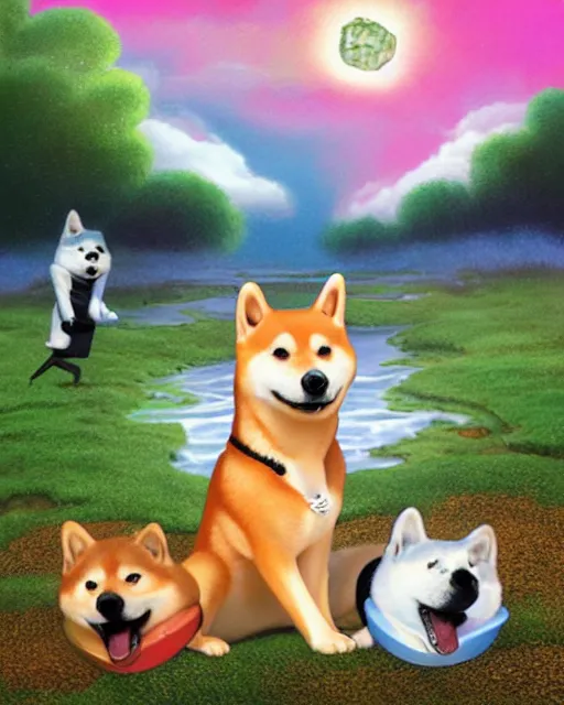 Prompt: shiba inu bites frisbee ， painting photoshop by mark ryden and pixar and hayao miyazaki, 8 k