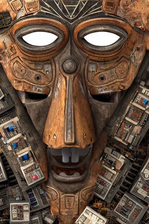 Prompt: a gigantic beautiful abstract ancient mask with wide open mouth, background full of computerchips and cables, electronic waste, hyper-realistic environment, Epic concept art