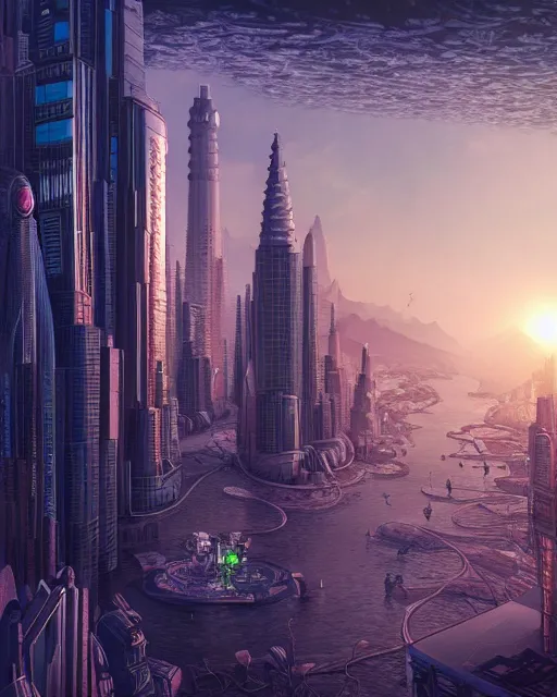 Image similar to a beautiful hyperdetailed rendering of city city by b. v. doshi, morning sun tron at night lake alien, archdaily, wallpaper, highly detailed, trending on artstation.