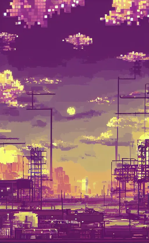 Prompt: 2D post-industrial city with moonlit clouds, 8 bits graphics, flat, SNES game, crushed quality, low contrast, low light, color gradient, low saturation, heavy color compression filter, melting reality