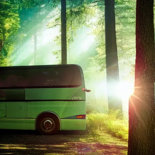 Image similar to very creative livery on big commercial bus in misty forest scene, the sun shining through the trees