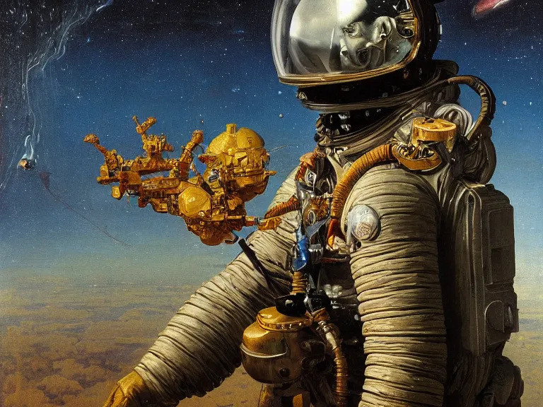 Image similar to a detailed profile oil painting of an explorer in a spacesuit with reflective helmet, advanced technology flight suit, portrait symmetrical and science fiction theme with aurora lighting clouds and stars by beksinski carl spitzweg and tuomas korpi. baroque elements, full-length view. baroque element. intricate artwork by caravaggio. Trending on artstation. 8k