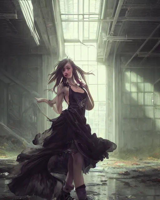 Image similar to daniel gerhartz and artgerm detailed portrait digital rococo painting of a beautiful woman wearing streetwear clothing, instagram style, abandoned warehouse interior in the background, unreal engine, hyper realism, realistic shading, cinematic composition, blender render, octane render, hdr, detailed textures, photorealistic, ultrawide shot, 3 5 mm film