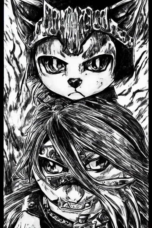 Image similar to Baby Kitten as a knight, highly detailed, black and white, manga, art by Kentaro Miura