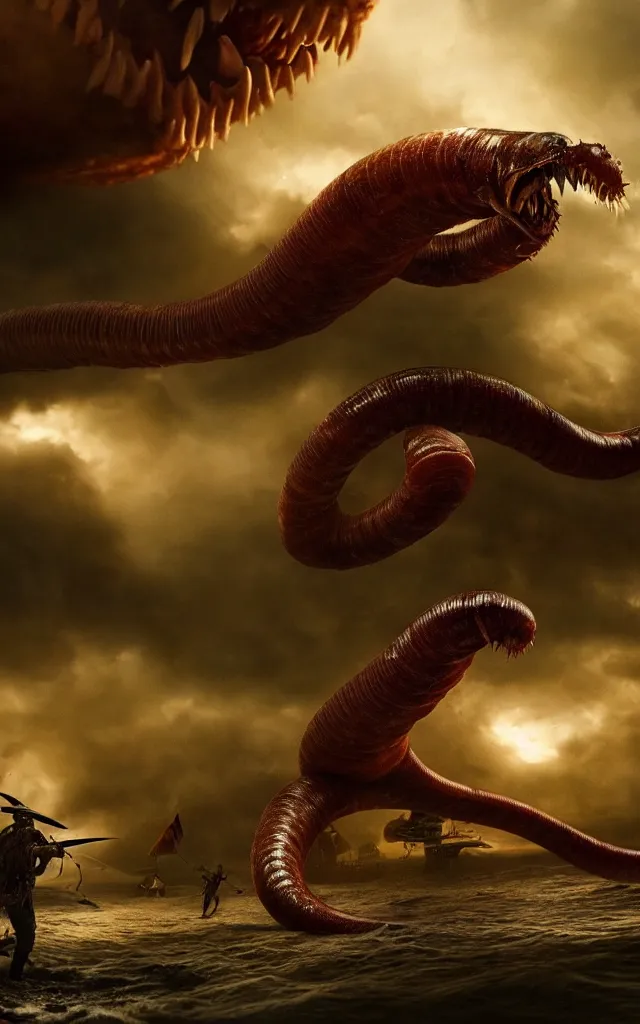 Image similar to pirates fighting giant screaming worm, cinematic atmosphere, maximized, high detail, 8k, ornate, dark fantasy, masterpiece, complex, film still from the movie directed by Denis Villeneuve