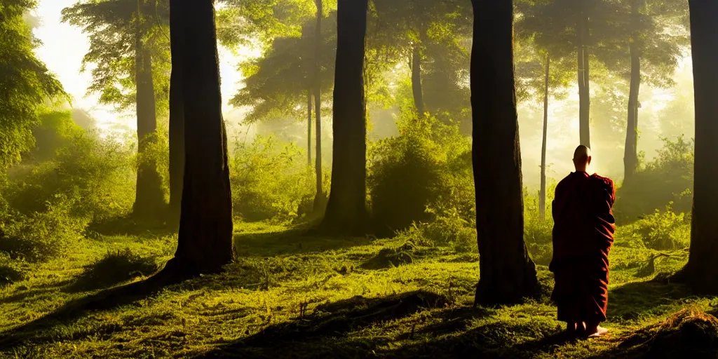 Prompt: buddhist monk in the forest, morning, Fresh, sun rising through the mist