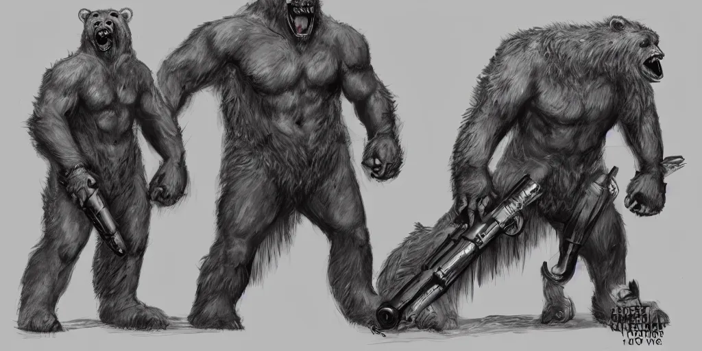 Image similar to Full body concept art of A High fantasy WW1 bear beast-man firing a enchanted heavy shotgun trending on artstation deviantart Pinterest detailed High Resolution HD 8k