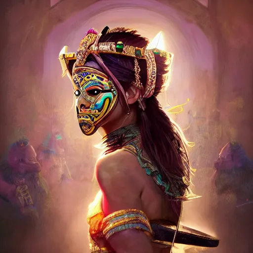 Image similar to the portrait, beautiful aztec masked female violinist, exotic costumes, gold jewelry, black hair ， illustration by wenjun lin, irakli nadar, bright colors, octopath traveler, wenjun lin, unreal engine 5 highly rendered, global illumination, radiant light, detailed and intricate environment