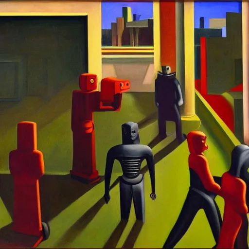 Image similar to robots herding humans, human subjugation, mind control, dystopian, pj crook, edward hopper, oil on canvas