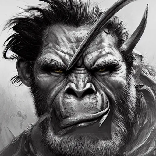 Image similar to portrait of a young ruggedly handsome hulking herculean orc bugbear demon barbarian, male, masculine, upper body, night black hair, fantasy, frown, war face paint, intricate, elegant, highly detailed, digital painting, artstation, concept art, matte, sharp focus, illustration, art by artgerm and greg rutkowski and alphonse mucha