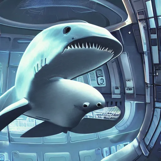 Image similar to humanoid shark wearing futuristic security uniform and floating in a space station, sci-fi, digital art, high resolution