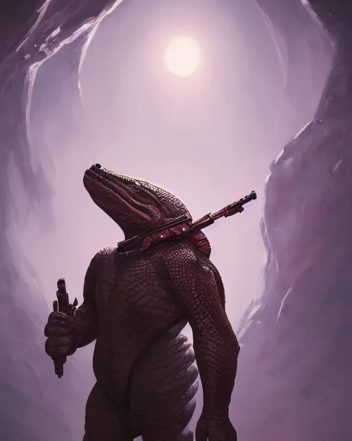 Image similar to oil painting of Krogan Lizardman, sharp focus, holding sci-fi rifle, magical aura, heroic pose, fantasy style, octane render, volumetric lighting, 8k high definition, by greg rutkowski, highly detailed, trending on art Station, magic the gathering artwork, Spaceship hallway background, centered, horror, sci-fi artwork, demonic