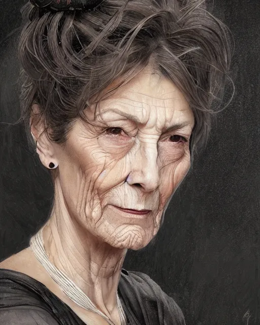 Image similar to portrait 6 0 - year - old woman, tall, severe - looking, with dark hair tied up in a bun, mcgonagall, wearing in black clothes, hyper realistic face, beautiful eyes, fantasy art, in the style of greg rutkowski, intricate, alphonse mucha, hyper detailed, smooth