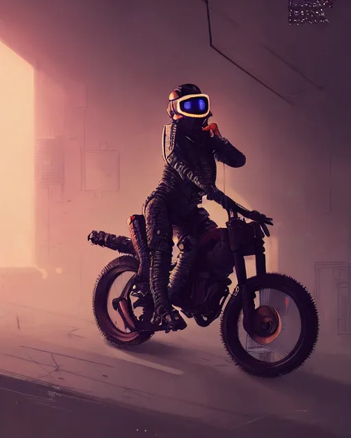 Prompt: koyto animation girl wearing cyberpunk intricate streetwear riding dirt bike, respirator, detailed portrait, cell shaded, 4 k, concept art, by wlop, ilya kuvshinov, artgerm, krenz cushart, greg rutkowski, pixiv. cinematic dramatic atmosphere, sharp focus, volumetric lighting, cinematic lighting, studio quality