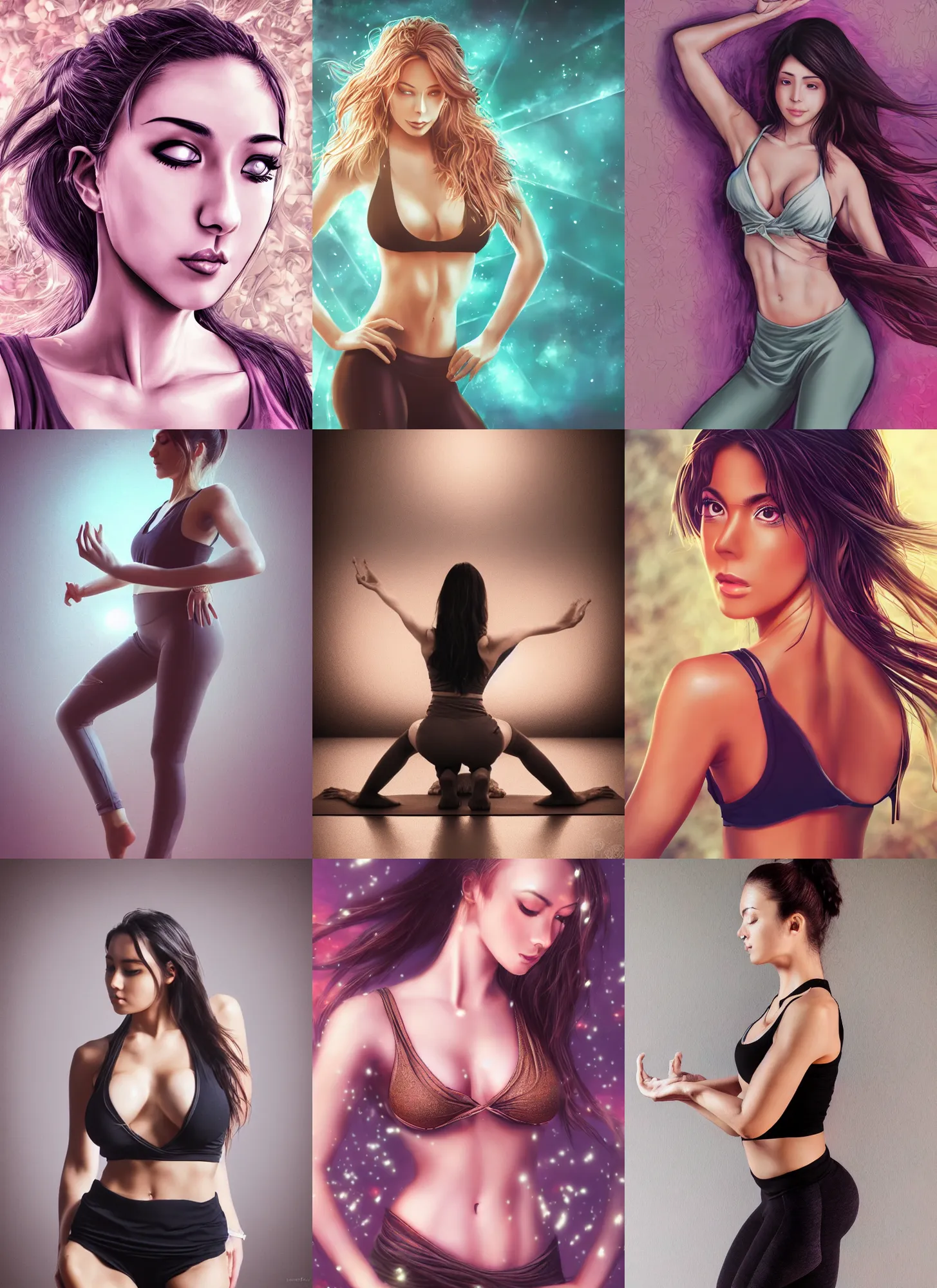 Prompt: very detailed full body portrait of alluring yoga instructor, manga, fantasy, beautiful, pretty face, curvaceous, dreamy aesthetic, 4 k, aura of light, cinematic lighting, highly detailed, sharp focus, masterpiece