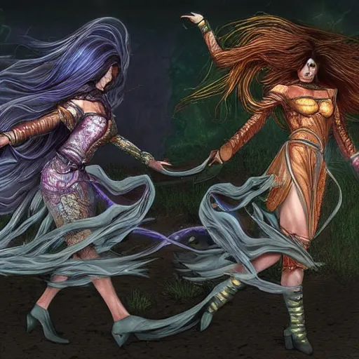 Image similar to two identical beautiful sorceresses battling, detailed digital art, full of detail, realistic lighting