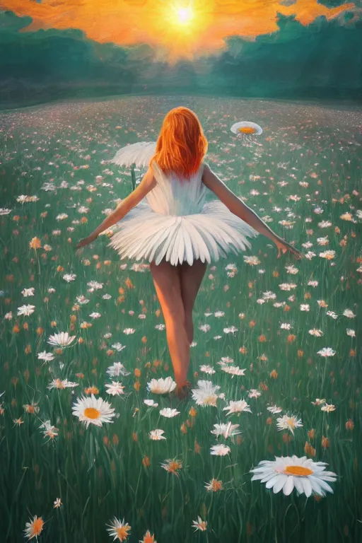 Image similar to giant white daisy flower as head, body girl dancing in a flower field, surreal photography, sunrise, dramatic light, impressionist painting, colorful clouds, digital painting, artstation, simon stalenhag