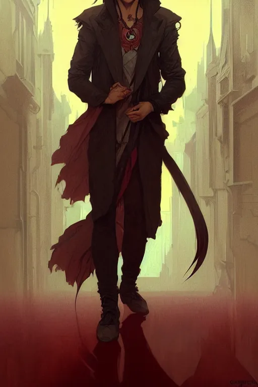 Image similar to portrait of a beautiful young fit male vampire with curly white hairs and yellow eyes, dressed with urban clothes, by greg rutkowski and alphonse mucha, d & d character, gradient white to red, modern nocturnal background, highly detailed portrait, digital painting, artstation, concept art, smooth, sharp focus ilustration, artstation hq