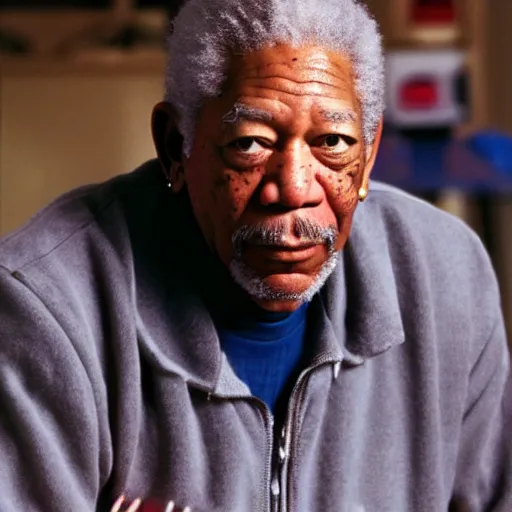 Image similar to a fill still of Morgan Freeman starring in Like Mike 2001) 40mm lens, shallow depth of field, split lighting