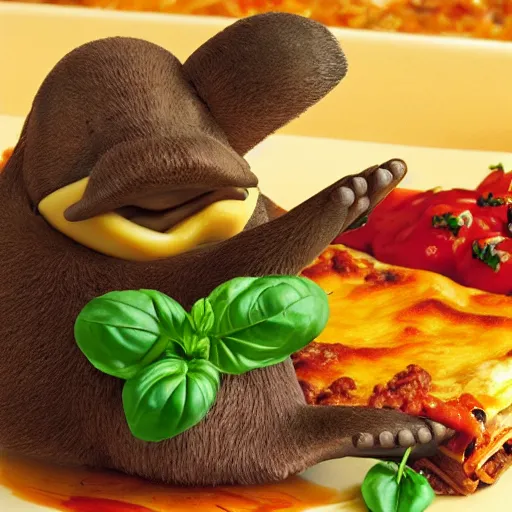 Image similar to cute platypus wearing a chef hat and holding a lasagna with three basil leaves over the lasagna, pixar style, ultradetailed