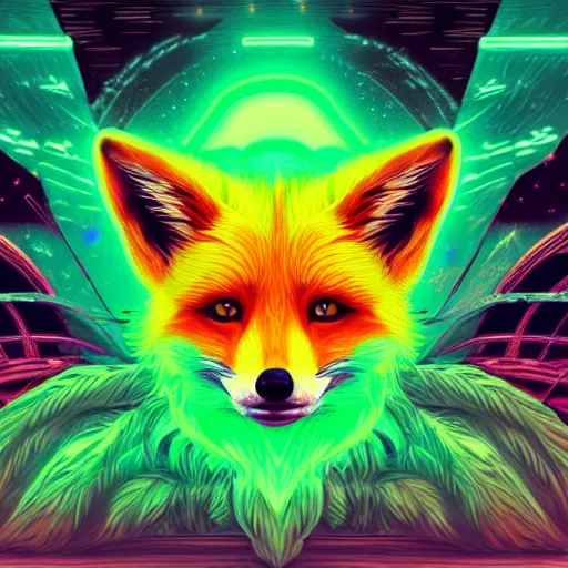 Prompt: green, digital fox, retrowave palette, digital world, highly detailed, electric breeze, anatomically correct vulpine, synth feel, fluffy face, ear floof, flowing fur, super realism, accurate animal imagery, 4 k digital art