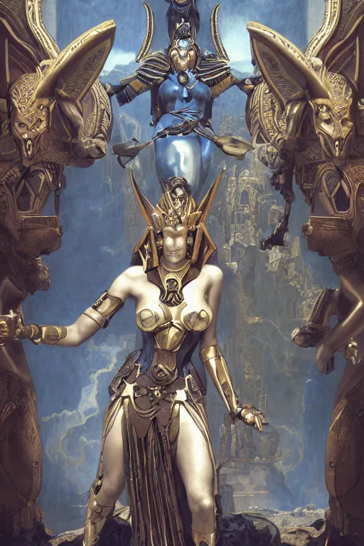 Image similar to Mystical Atlantean Cyborg, Regal, Realistic, Refined, full portrait of a beautiful female Anubis Valkyrie Warrior, Detailed Digital Art, Oil Painting, William-Adolphe Bouguereau, Steampunk, Walt Disney (1937), dynamic lighting, very beautiful, character illustration by Art Frahm, François Boucher, Highly Detailed, Cinematic Lighting, Unreal Engine, 8k, HD