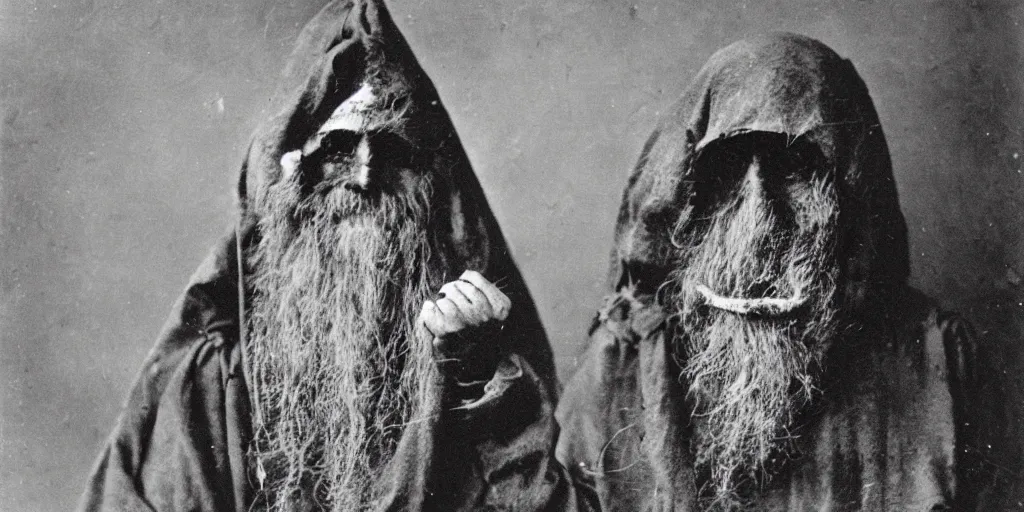 Image similar to hermit wearing a scary mask, 1900s picture