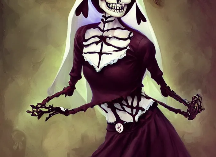 Image similar to cute & beautiful smiling mexican undead skeleton girl dressed as a nun, elegant, digital art, fantasy, pixar style, painting, pin up, highly detailed, artstation, art by artgerm, vrubel, boris vallejo and ilya kuvshinov